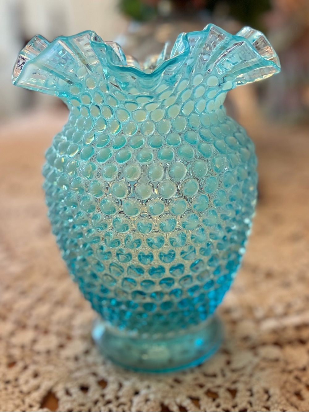 Vintage Fenton Opalescent Blue Hobnail Glass Vase